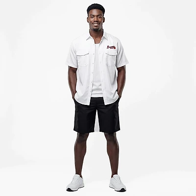Antigua Men's Atlanta Braves Game Day Woven Short Sleeve Fishing Shirt