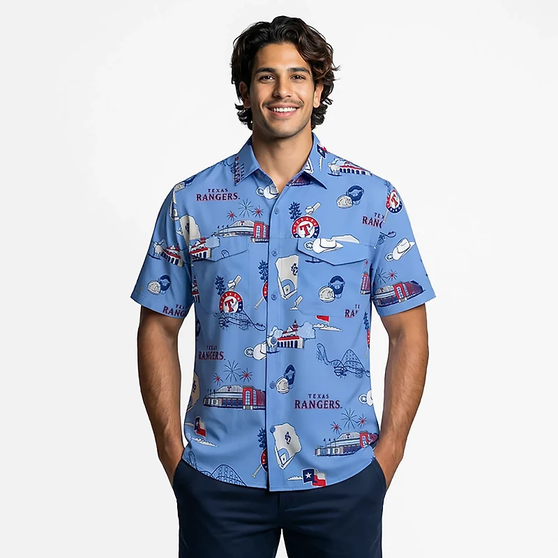 Antigua Men's Texas Rangers Landmark Woven Short Sleeve Fishing Shirt