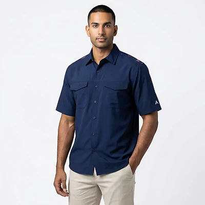 Antigua Men's Atlanta Braves Scatter Print Woven Short Sleeve Fishing Shirt