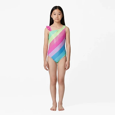 O'Rageous Girls' 4-6X Retro Stripe Asymmetrical Ruffle Strap 1-Piece Swimsuit