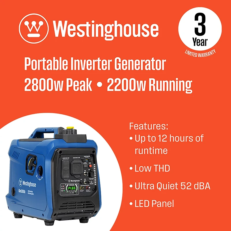 Westinghouse 2,800W Gas Powered Inverter Generator with Recoil Start