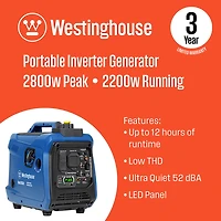 Westinghouse 2,800W Gas Powered Inverter Generator with Recoil Start