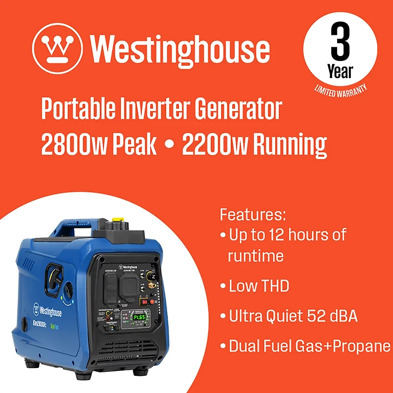 Westinghouse 2,800W Gas and Propane Dual Fuel Inverter Generator with Recoil Start