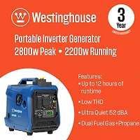 Westinghouse 2,800W Gas and Propane Dual Fuel Inverter Generator with Recoil Start