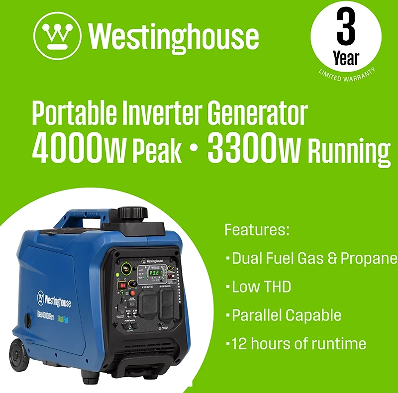 Westinghouse 4,000W Gas and Propane Dual Fuel Inverter Generator with Recoil Start