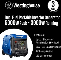 Westinghouse 5,000W Gas and Propane Dual Fuel Inverter Generator with Recoil Start