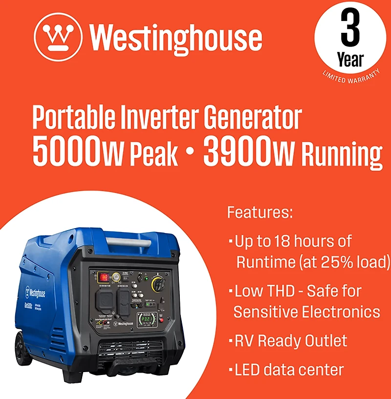 Westinghouse 5,000W Gas Powered Inverter Generator with Remote Electric Start