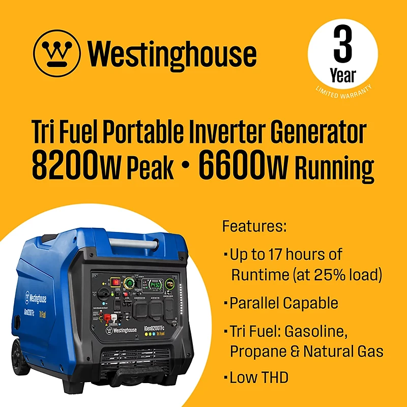 Westinghouse 8,200W Gas, Propane, Natural Gas Tri-Fuel Inverter Generator with Remote Electric Start