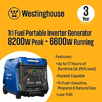 Westinghouse 8,200W Gas, Propane, Natural Gas Tri-Fuel Inverter Generator with Remote Electric Start