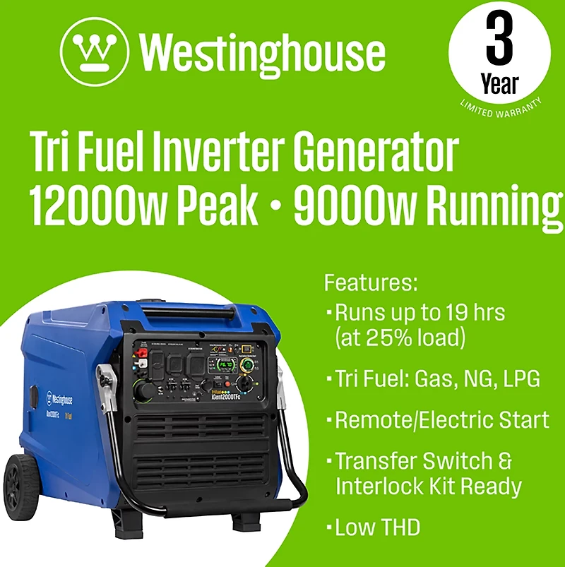 Westinghouse 12,000W Gas, Propane and Natural Gas Tri-Fuel Inverter Generator with Remote Electric Start