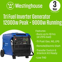 Westinghouse 12,000W Gas, Propane and Natural Gas Tri-Fuel Inverter Generator with Remote Electric Start