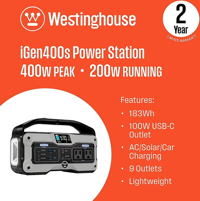 Westinghouse 400W Lithium-ion Portable Power Station with LED Display and Flashlight