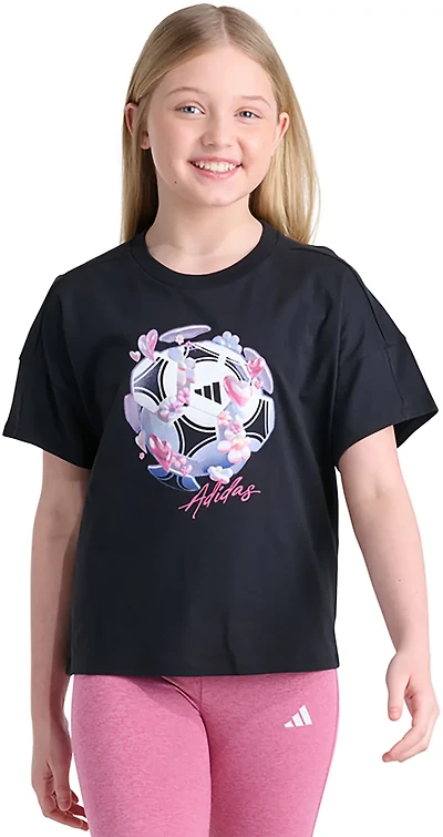 adidas Girls' Soccer Ball Drop Shoulder Short Sleeve T-shirt
