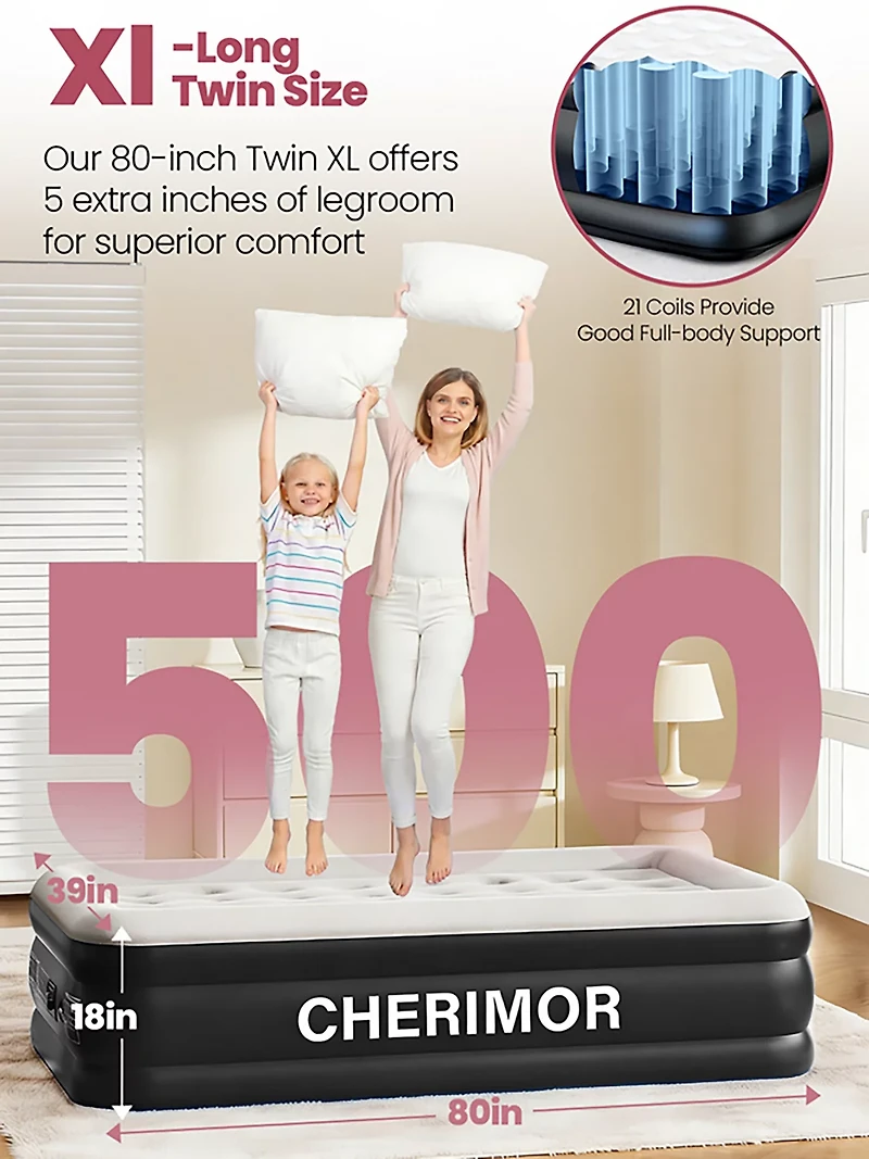Cherimor 18 in. Series Twin XL Airbed with Built‑In Pump and Pillow‑Top Surface