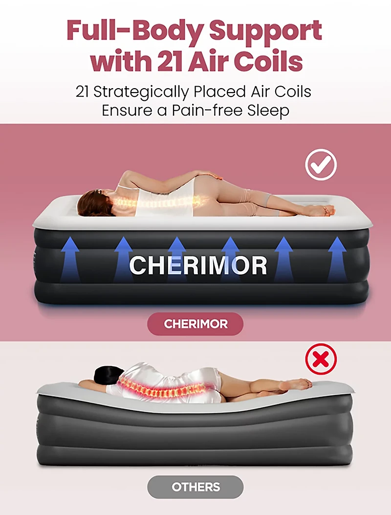 Cherimor 18 in. Series Twin XL Airbed with Built‑In Pump and Pillow‑Top Surface