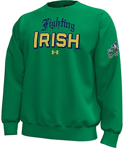 Under Armour Men's University of Notre Dame Wear Green Script Icon Fleece Long Sleeve Crew