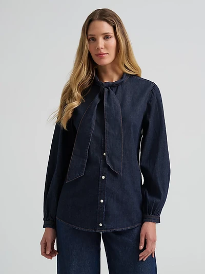 Wrangler Women's Denim Bow Snap Long Sleeve Top