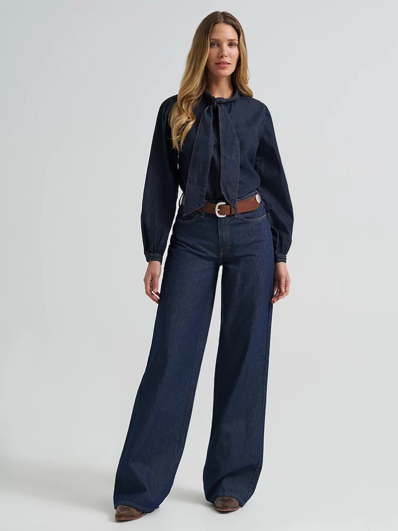 Wrangler Women's Denim Bow Snap Long Sleeve Top