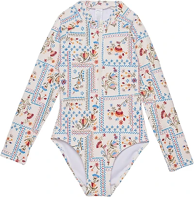 Gottex Girls’ Floral Soul Textured Long Sleeve Zip Front One-Piece