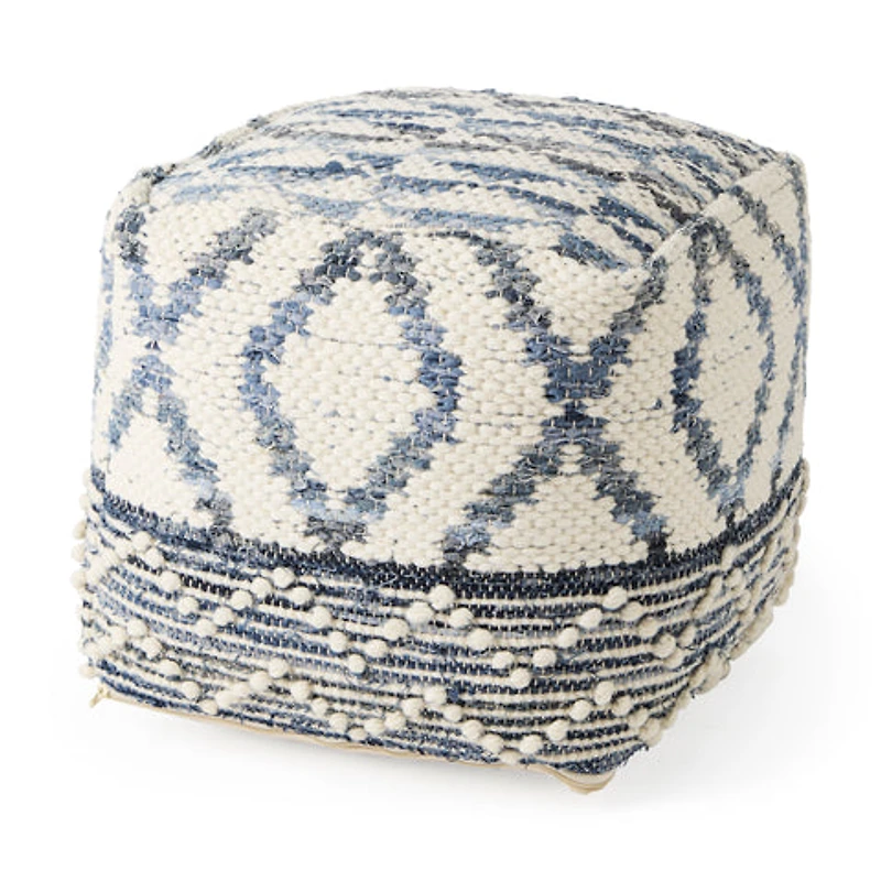 Eshana 16.0L x 16.0W x 16.0H Cream Wool and Denim Patterned Pouf