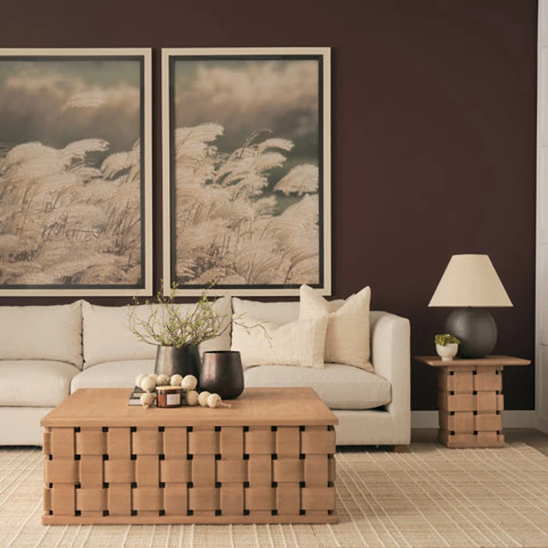 Trellyn 48" Brown Wood w/ Carved Woven Base Square Coffee Table