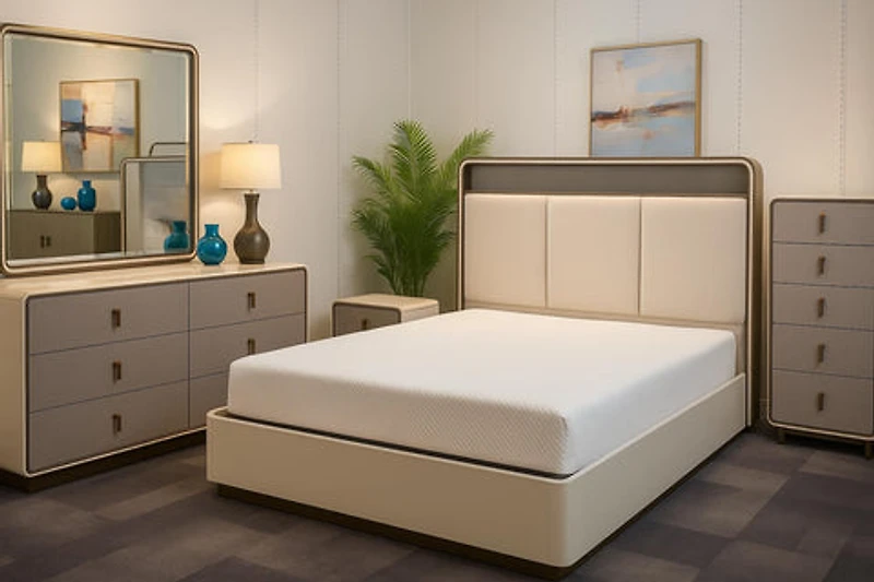 Joan 5-Drawer Bedroom Chest – Light Grey Beige Glossy Finish