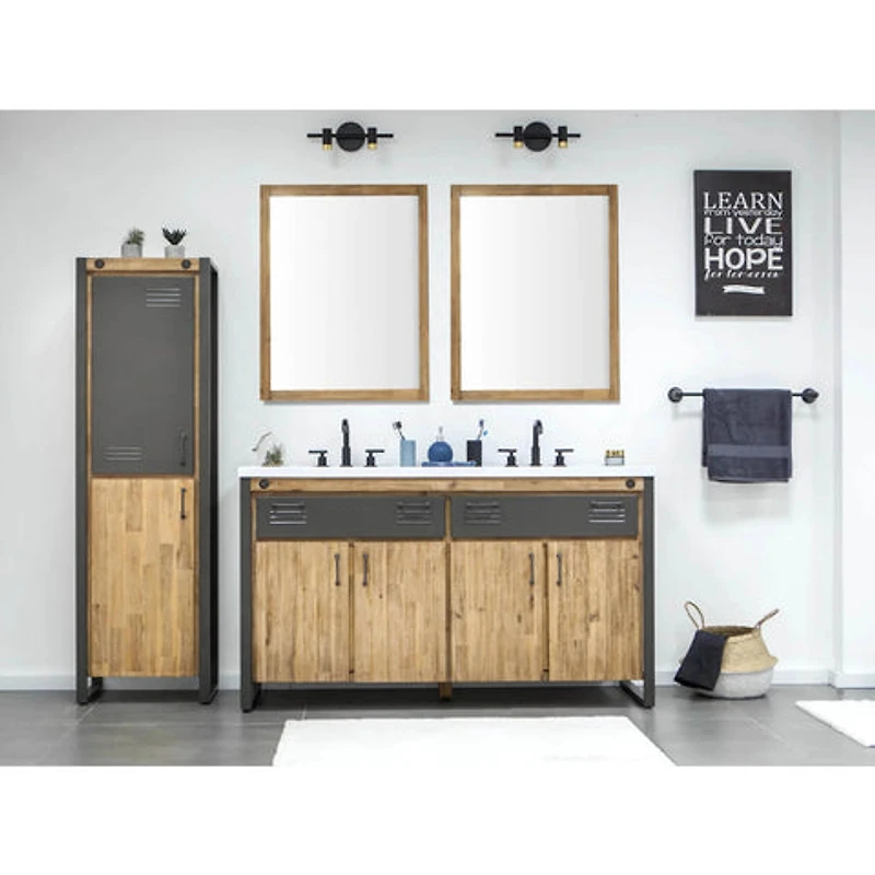 Alvado Vanity W61 in Solid Acacia Wood and Metal with White Basin