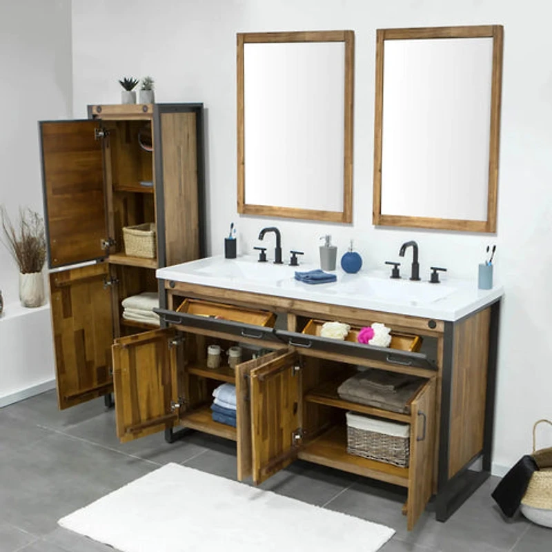 Alvado Vanity W61 in Solid Acacia Wood and Metal with White Basin