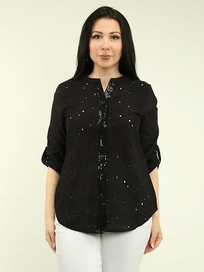 Eyelet & Sequin Roll Sleeve Blouse