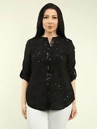 Eyelet & Sequin Roll Sleeve Blouse