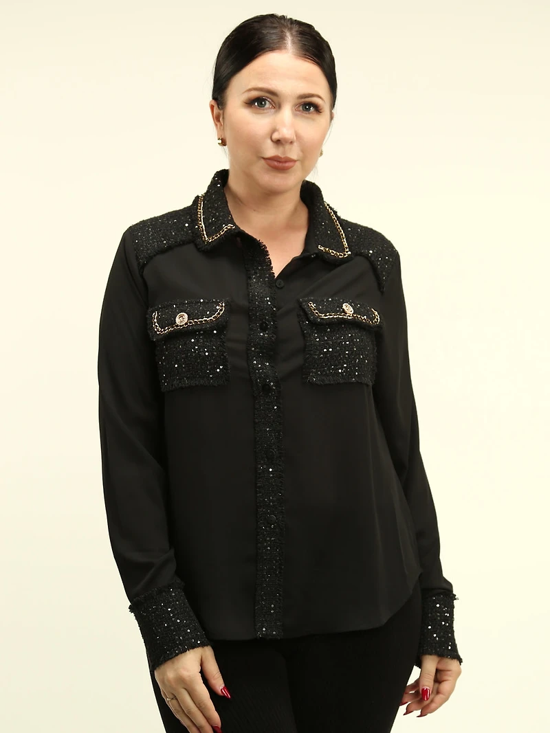Sequined Boucle Trim & Chain Shirt