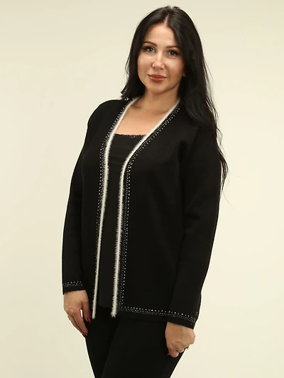 Stone & Fluffy Trim Open Cardigan