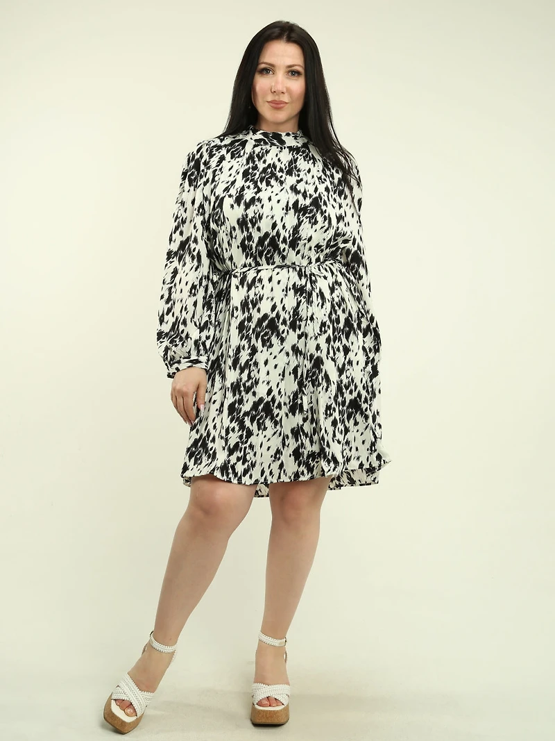 Abstract Pleated Tie Waist Dress