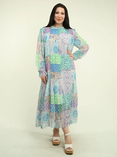 Patchwork Chiffon Pleated Maxi Dress