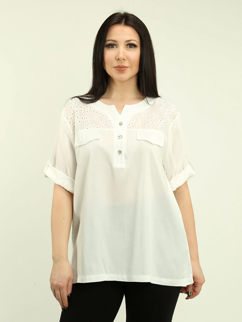 Roll Sleeves Sequin & Eyelet Blouse