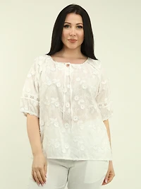 Floral Embroidered Tie Neck Blouse