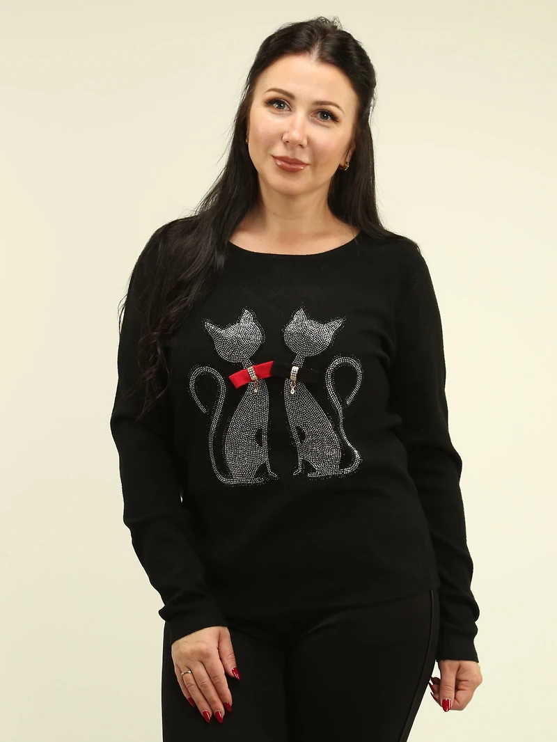 Rhinestone Cat & Bow Tie Embellished Sweater