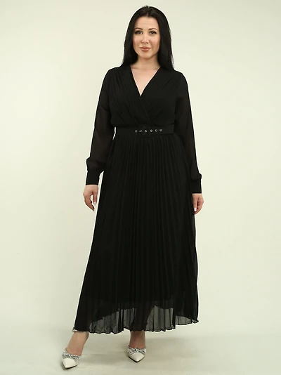 Belted Chiffon Pleated Maxi Dress