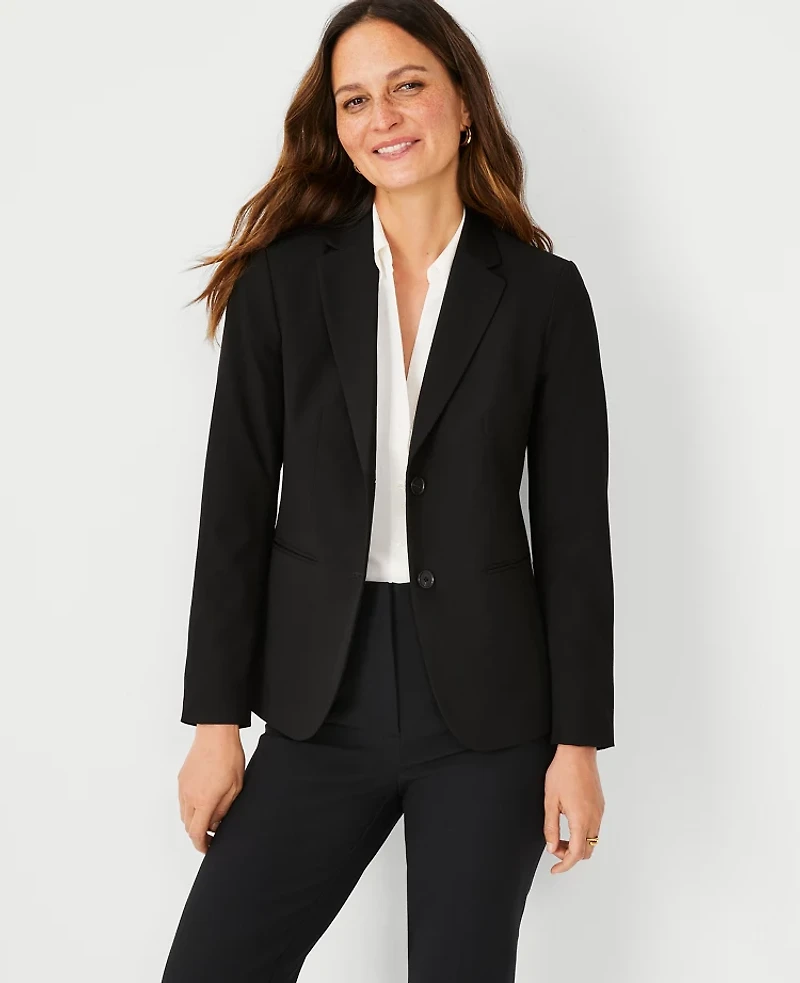 Ann Taylor The Petite Long Two-Button Blazer Seasonless Stretch Core Black Women's