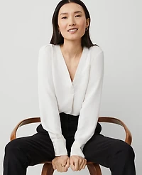 Ann Taylor Mixed Media Pleat Front Top Winter White Women's