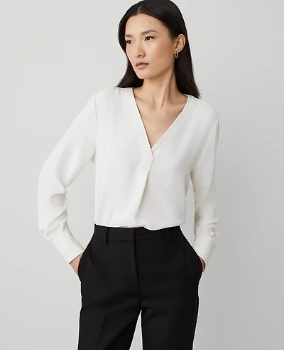 Ann Taylor Mixed Media Pleat Front Top Winter White Women's