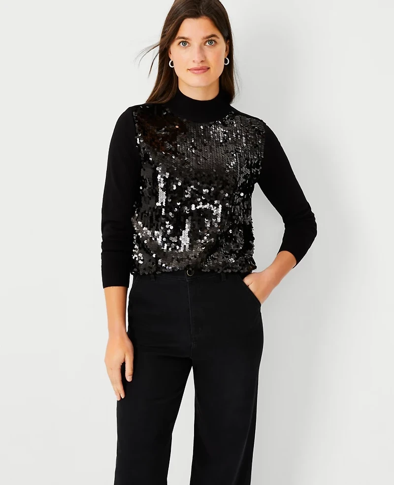 Ann Taylor Sequin Front Turtleneck Sweater Size 2XS Black Women's