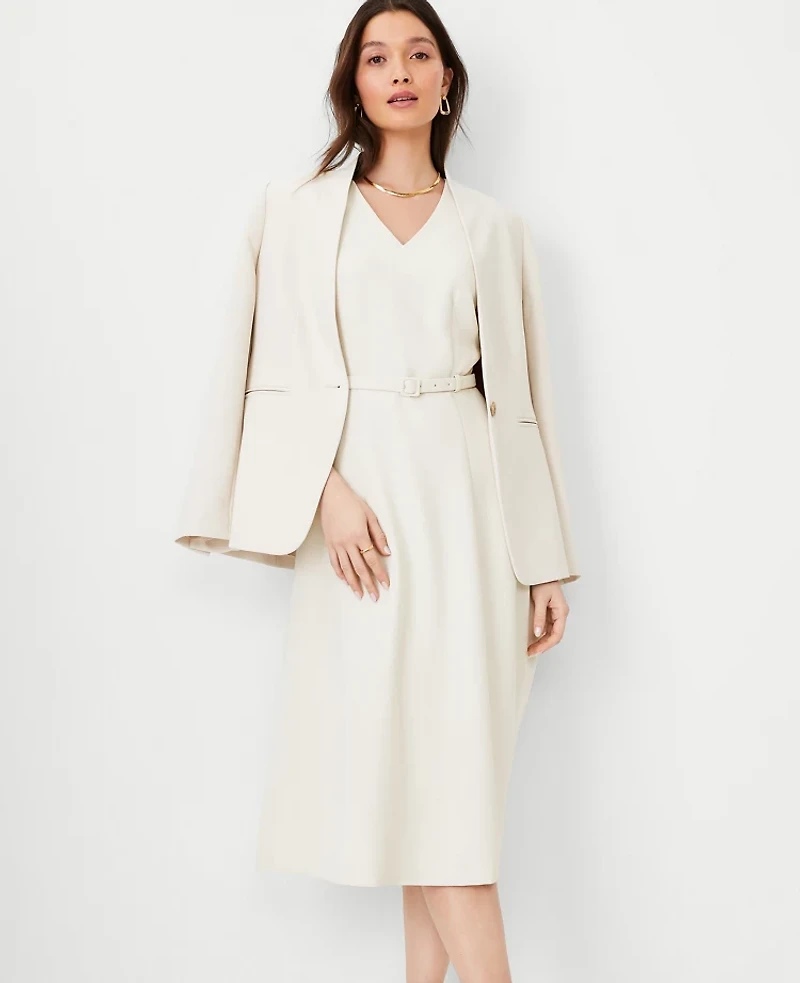 Ann Taylor The Belted V-Neck Midi Dress Fluid Crepe Ivory Whisper Women's