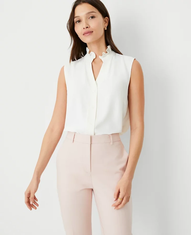 Ann Taylor Ruffle Neck Button Top Size Large Winter White Women's