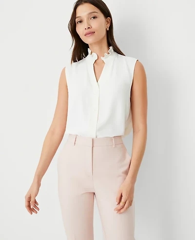 Ann Taylor Ruffle Neck Button Top Size Large Winter White Women's