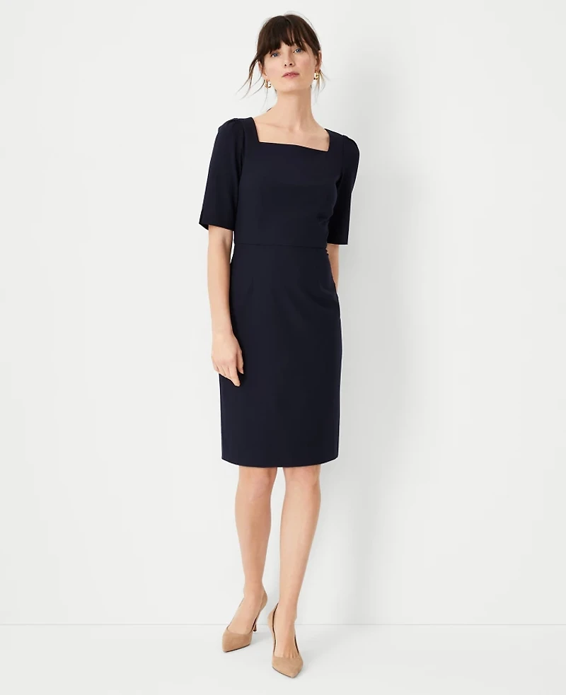 Ann Taylor The Petite Elbow Sleeve Square Neck Dress Seasonless Stretch Women's