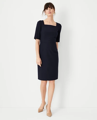 Ann Taylor The Petite Elbow Sleeve Square Neck Dress Seasonless Stretch Women's