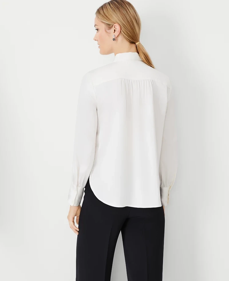 Ann Taylor Petite Collared Shirred Yoke Button Down Shirt Size Large Winter White Women's