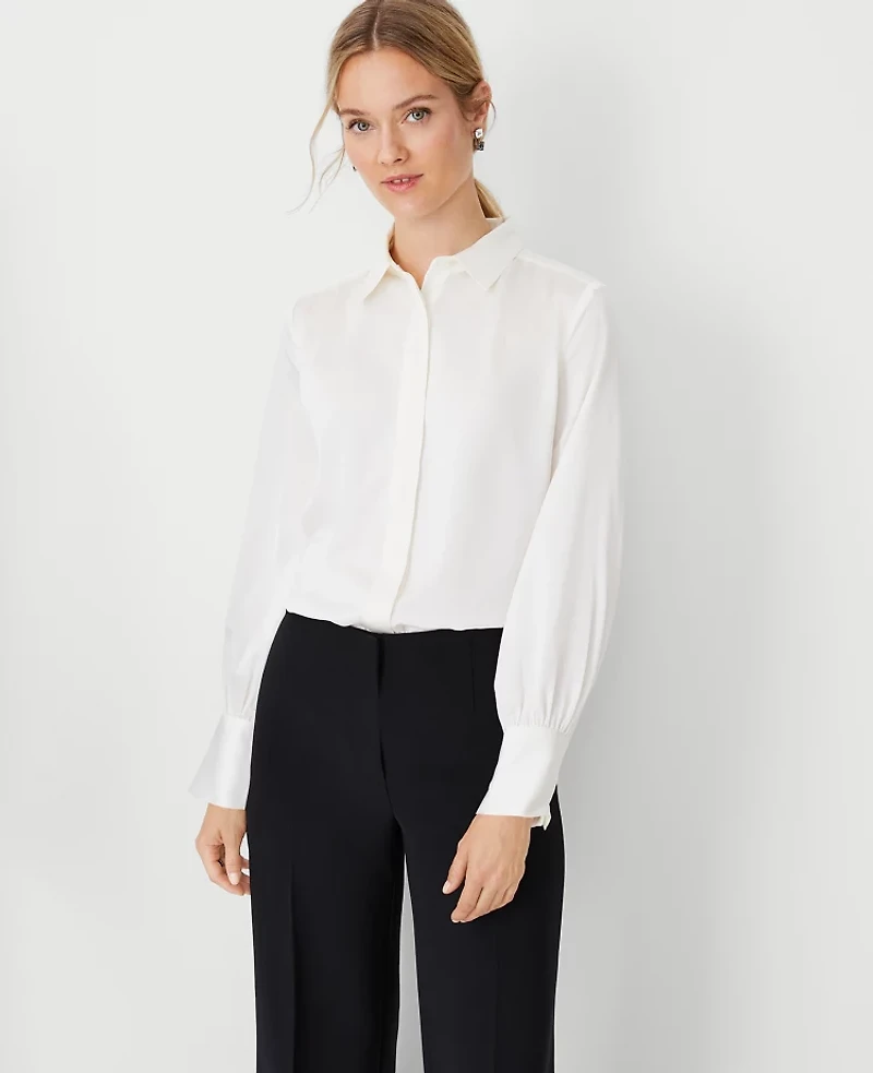 Ann Taylor Petite Collared Shirred Yoke Button Down Shirt Size Large Winter White Women's