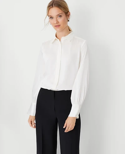 Ann Taylor Petite Collared Shirred Yoke Button Down Shirt Size Large Winter White Women's